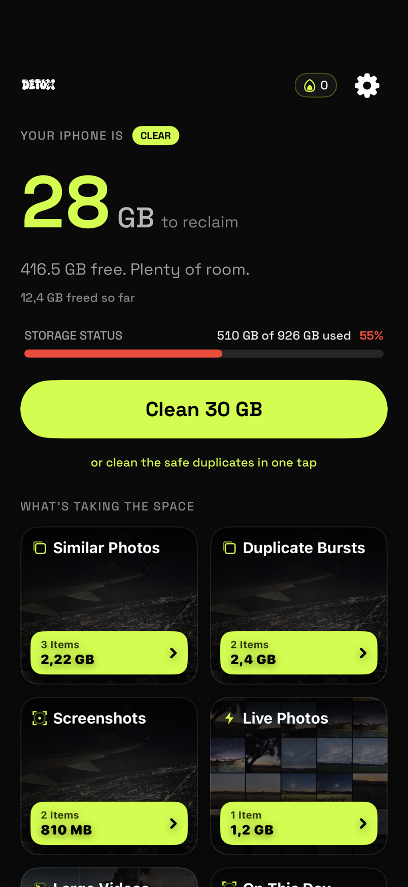 DETOX iPhone Storage Cleaner App Interface